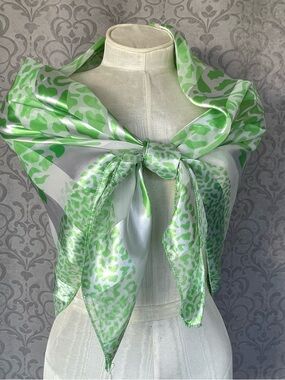 Vibrant Green & White Leopard Print Satin Square Scarf | Animal Print Wrap